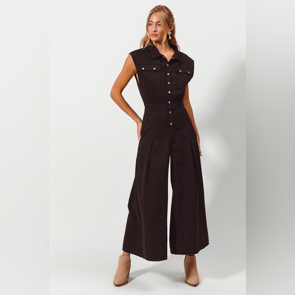 Black denim washed pleated boho bohemian flare chic boho Wide Leg Jumpsuit - Picture 7 of 9